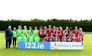 28 July 2024; The St Abbans AC team who came second in the Division One event, left, with the Tir Chonaill AC team who won the Division One event, centre, and the Enniscorthy AC team who came third at the 123.ie National Track and Field League Final at Tullamore Harriers Athletics Club in Offaly. Photo by Matt Browne/Sportsfile