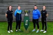 29 July 2024; In attendance, from left, Megan Boggs of Whitehall Rangers, Niamh Carroll of Ternure Rangers, Maggie Duncliffe of Douglas Hall and Jane McKevitt of Whitehall Rangers with the cup during a 2024 Sports Direct Women's FAI Cup First Round media day at FAI HQ in Dublin. Photo by Ben McShane/Sportsfile