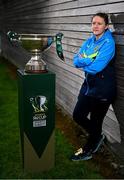 29 July 2024; Niamh Carroll of Ternure Rangers poses for a portrait with the cup during a 2024 Sports Direct Women's FAI Cup First Round media day at FAI HQ in Dublin. Photo by Ben McShane/Sportsfile