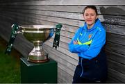 29 July 2024; Niamh Carroll of Ternure Rangers poses for a portrait with the cup during a 2024 Sports Direct Women's FAI Cup First Round media day at FAI HQ in Dublin. Photo by Ben McShane/Sportsfile