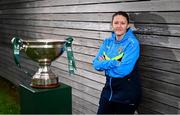 29 July 2024; Niamh Carroll of Ternure Rangers poses for a portrait with the cup during a 2024 Sports Direct Women's FAI Cup First Round media day at FAI HQ in Dublin. Photo by Ben McShane/Sportsfile