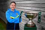 29 July 2024; Niamh Carroll of Ternure Rangers poses for a portrait with the cup during a 2024 Sports Direct Women's FAI Cup First Round media day at FAI HQ in Dublin. Photo by Ben McShane/Sportsfile