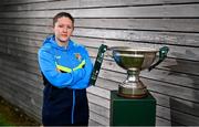 29 July 2024; Niamh Carroll of Ternure Rangers poses for a portrait with the cup during a 2024 Sports Direct Women's FAI Cup First Round media day at FAI HQ in Dublin. Photo by Ben McShane/Sportsfile