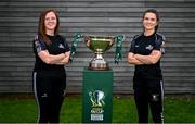 29 July 2024; Megan Boggs, left, and Jane McKevitt of Whitehall Rangers pose for a portrait with the cup during a 2024 Sports Direct Women's FAI Cup First Round media day at FAI HQ in Dublin. Photo by Ben McShane/Sportsfile