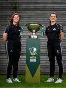 29 July 2024; Megan Boggs, left, and Jane McKevitt of Whitehall Rangers pose for a portrait with the cup during a 2024 Sports Direct Women's FAI Cup First Round media day at FAI HQ in Dublin. Photo by Ben McShane/Sportsfile