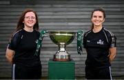 29 July 2024; Megan Boggs, left, and Jane McKevitt of Whitehall Rangers pose for a portrait with the cup during a 2024 Sports Direct Women's FAI Cup First Round media day at FAI HQ in Dublin. Photo by Ben McShane/Sportsfile