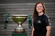 29 July 2024; Megan Boggs of Whitehall Rangers poses for a portrait with the cup during a 2024 Sports Direct Women's FAI Cup First Round media day at FAI HQ in Dublin. Photo by Ben McShane/Sportsfile