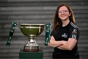 29 July 2024; Megan Boggs of Whitehall Rangers poses for a portrait with the cup during a 2024 Sports Direct Women's FAI Cup First Round media day at FAI HQ in Dublin. Photo by Ben McShane/Sportsfile