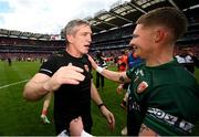 28 July 2024; Armagh manager Kieran McGeeney, left, and Armagh goalkeeper Blaine Hughes after the GAA Football All-Ireland Senior Championship Final match between Armagh and Galway at Croke Park in Dublin. Photo by Ramsey Cardy/Sportsfile