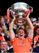 28 July 2024; Mark Shields of Armagh lifts the Sam Maguire Cup after the GAA Football All-Ireland Senior Championship Final match between Armagh and Galway at Croke Park in Dublin. Photo by Ramsey Cardy/Sportsfile