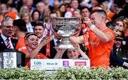 28 July 2024; Aidan Nugent of Armagh lifts the Sam Maguire Cup after the GAA Football All-Ireland Senior Championship Final match between Armagh and Galway at Croke Park in Dublin. Photo by Ramsey Cardy/Sportsfile