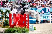 29 July 2024; Austin O'Connor of Team Ireland riding Colorado Blue during the eventing individual showjumping at the Château de Versailles during the 2024 Paris Summer Olympic Games in Paris, France. Photo by Pierre Costabadie/Sportsfile