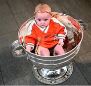 29 July 2024; 4-month-old Faé McKee, from Portadown, with the Sam Maguire cup during the All-Ireland Football Champions visit to the Craigavon Area Hospital in Portadown, Armagh. Photo by Ramsey Cardy/Sportsfile