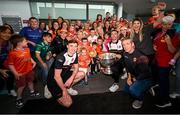 29 July 2024; Armagh manager Kieran McGeeney, captain Aidan Forker, and Ben Crealey, with the Sam Maguire cup during the All-Ireland Football Champions visit to the Craigavon Area Hospital in Portadown, Armagh. Photo by Ramsey Cardy/Sportsfile