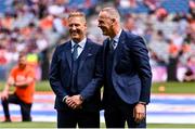 28 July 2024; Captain Graham Geraghty, left, and Cormac Sullivan of the 1999 All-Ireland winning Meath football jubilee team who were honoured before the GAA Football All-Ireland Senior Championship Final match between Armagh and Galway at Croke Park in Dublin. Photo by Ben McShane/Sportsfile