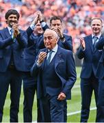 28 July 2024; Seán Boylan, manager of the 1999 All-Ireland winning Meath football football jubilee team who were honoured, before the GAA Football All-Ireland Senior Championship Final match between Armagh and Galway at Croke Park in Dublin. Photo by Piaras Ó Mídheach/Sportsfile