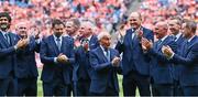 28 July 2024; Seán Boylan, front, manager of the 1999 All-Ireland winning Meath football football jubilee team who were honoured, before the GAA Football All-Ireland Senior Championship Final match between Armagh and Galway at Croke Park in Dublin. Photo by Piaras Ó Mídheach/Sportsfile