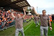 29 July 2024; Armagh captain Aidan Forker, left, and Armagh manager Kieran McGeeney hold the Sam Maguire Cup aloft at the homecoming celebrations of the All-Ireland Senior Football Champions at BOX-IT Athletic Grounds in Armagh. Photo by Ramsey Cardy/Sportsfile