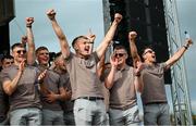 29 July 2024; Rian O'Neill, centre, with team-mates at the homecoming celebrations of the All-Ireland Senior Football Champions at BOX-IT Athletic Grounds in Armagh. Photo by Ramsey Cardy/Sportsfile