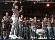 29 July 2024; Mark Shields, left, at the homecoming celebrations of the All-Ireland Senior Football Champions at BOX-IT Athletic Grounds in Armagh. Photo by Ramsey Cardy/Sportsfile