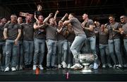 29 July 2024; Rian O'Neill singing at the homecoming celebrations of the All-Ireland Senior Football Champions at BOX-IT Athletic Grounds in Armagh. Photo by Ramsey Cardy/Sportsfile