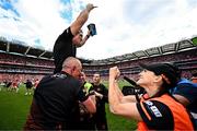 28 July 2024; Armagh manager Kieran McGeeney is lifted after his side's victory in the GAA Football All-Ireland Senior Championship Final match between Armagh and Galway at Croke Park in Dublin. Photo by Harry Murphy/Sportsfile