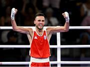 30 July 2024; Billal Bennama of Team France, left, celebrates after defeating Roscoe Hill of Team USA during their men's 51kg preliminary round of 16 bout at the North Paris Arena during the 2024 Paris Summer Olympic Games in Paris, France. Photo by David Fitzgerald/Sportsfile