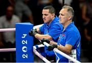 30 July 2024; Team USA boxing coach Billy Walsh, right, watches on during the men's 51kg preliminary round of 16 bout betweem Billal Bennama of Team France and Roscoe Hill of Team USA at the North Paris Arena during the 2024 Paris Summer Olympic Games in Paris, France. Photo by David Fitzgerald/Sportsfile
