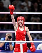 30 July 2024; Stanimira Petrova of Team Bulgaria celebrates after defeating Hsiao Wen Huang of Team Chinese Taipei in their women's -54kg round of 16 bout at the North Paris Arena during the 2024 Paris Summer Olympic Games in Paris, France. Photo by David Fitzgerald/Sportsfile