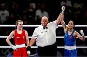 30 July 2024; Yuan Chang of Team China is announced as the winner by referee Jeffery Verhoeven after defeating Jennifer Lehane of Team Ireland in their women's -54kg round of 16 bout at the North Paris Arena during the 2024 Paris Summer Olympic Games in Paris, France. Photo by David Fitzgerald/Sportsfile