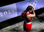 30 July 2024; Jennifer Lehane of Team Ireland reacts after her defeat by Yuan Chang of Team China in their women's -54kg round of 16 bout at the North Paris Arena during the 2024 Paris Summer Olympic Games in Paris, France. Photo by David Fitzgerald/Sportsfile