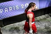 30 July 2024; Jennifer Lehane of Team Ireland reacts after her defeat by Yuan Chang of Team China in their women's -54kg round of 16 bout at the North Paris Arena during the 2024 Paris Summer Olympic Games in Paris, France. Photo by David Fitzgerald/Sportsfile