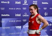 30 July 2024; Jennifer Lehane of Team Ireland reacts after her defeat by Yuan Chang of Team China in their women's -54kg round of 16 bout at the North Paris Arena during the 2024 Paris Summer Olympic Games in Paris, France. Photo by David Fitzgerald/Sportsfile