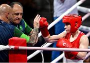 30 July 2024; Jennifer Lehane of Team Ireland speaks with Team Ireland head coach Zaur Antia, centre, and Team Ireland coach Damian Kennedy, left, during her women's -54kg round of 16 bout against Yuan Chang of Team China at the North Paris Arena during the 2024 Paris Summer Olympic Games in Paris, France. Photo by David Fitzgerald/Sportsfile