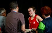 30 July 2024; Jennifer Lehane of Team Ireland speaks to journalists after her defeat by Yuan Chang of Team China in their women's -54kg round of 16 bout at the North Paris Arena during the 2024 Paris Summer Olympic Games in Paris, France. Photo by David Fitzgerald/Sportsfile