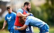 31 July 2024; Rabah Slimani and Henry McErlean, right, during a Leinster rugby training session at UCD in Dublin. Photo by Ramsey Cardy/Sportsfile