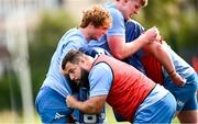 31 July 2024; Rabah Slimani and Henry McErlean, left, during a Leinster rugby training session at UCD in Dublin. Photo by Ramsey Cardy/Sportsfile