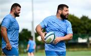 31 July 2024; Rabah Slimani, right, and Michael Milne during a Leinster rugby training session at UCD in Dublin. Photo by Ramsey Cardy/Sportsfile