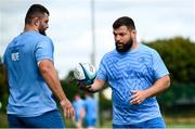 31 July 2024; Rabah Slimani, right, and Michael Milne during a Leinster rugby training session at UCD in Dublin. Photo by Ramsey Cardy/Sportsfile
