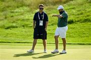 30 July 2024; Shane Lowry of Team Ireland, right, with golf coach Brian Moran during a practice round ahead of the men's golf singles at Le Golf National during the 2024 Paris Summer Olympic Games in Paris, France. Photo by Brendan Moran/Sportsfile