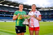 30 July 2024; In attendance during the captains day ahead of the 2024 TG4 All-Ireland Ladies Football Championship Finals at Croke Park in Dublin is the Intermediate Championship contenders Leitrim captain Michelle Guckian, left, and Tyrone captain Aoibhinn McHugh. Photo by Ben McShane/Sportsfile