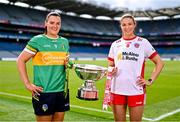 30 July 2024; In attendance during the captains day ahead of the 2024 TG4 All-Ireland Ladies Football Championship Finals at Croke Park in Dublin is the Intermediate Championship contenders Leitrim captain Michelle Guckian, left, and Tyrone captain Aoibhinn McHugh. Photo by Ben McShane/Sportsfile