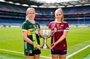 30 July 2024; In attendance during the captains day ahead of the 2024 TG4 All-Ireland Ladies Football Championship Finals at Croke Park in Dublin is the Senior Championship contenders Kerry captain Niamh Carmody, left, and Galway captain Ailbhe Davoren. Photo by Ben McShane/Sportsfile