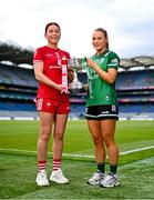 30 July 2024; In attendance during the captains day ahead of the 2024 TG4 All-Ireland Ladies Football Championship Finals at Croke Park in Dublin is the Junior Championship contenders Louth captain Áine Breen, left, and Fermanagh captain Shannan McQuade. Photo by Ben McShane/Sportsfile