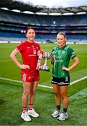 30 July 2024; In attendance during the captains day ahead of the 2024 TG4 All-Ireland Ladies Football Championship Finals at Croke Park in Dublin is the Junior Championship contenders Louth captain Áine Breen, left, and Fermanagh captain Shannan McQuade. Photo by Ben McShane/Sportsfile