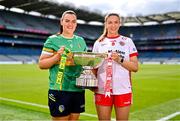 30 July 2024; In attendance during the captains day ahead of the 2024 TG4 All-Ireland Ladies Football Championship Finals at Croke Park in Dublin is the Intermediate Championship contenders Leitrim captain Michelle Guckian, left, and Tyrone captain Aoibhinn McHugh. Photo by Ben McShane/Sportsfile