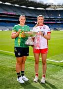 30 July 2024; In attendance during the captains day ahead of the 2024 TG4 All-Ireland Ladies Football Championship Finals at Croke Park in Dublin is the Intermediate Championship contenders Leitrim captain Michelle Guckian, left, and Tyrone captain Aoibhinn McHugh. Photo by Ben McShane/Sportsfile