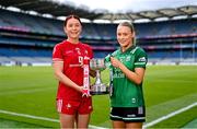 30 July 2024; In attendance during the captains day ahead of the 2024 TG4 All-Ireland Ladies Football Championship Finals at Croke Park in Dublin is the Junior Championship contenders Louth captain Áine Breen, left, and Fermanagh captain Shannan McQuade. Photo by Ben McShane/Sportsfile