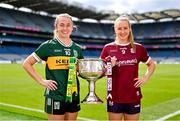 30 July 2024; In attendance during the captains day ahead of the 2024 TG4 All-Ireland Ladies Football Championship Finals at Croke Park in Dublin is the Senior Championship contenders Kerry captain Niamh Carmody, left, and Galway captain Ailbhe Davoren. Photo by Ben McShane/Sportsfile