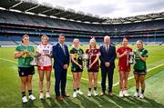 30 July 2024; In attendance during the captains day ahead of the 2024 TG4 All-Ireland Ladies Football Championship Finals at Croke Park in Dublin is, from left, Leitrim captain Michelle Guckian, Tyrone captain Aoibhinn McHugh, Mícheál Naughton, LGFA President, Kerry captain Niamh Carmody, Galway captain Ailbhe Davoren, Alan Esslemont, CEO TG4, Louth captain Áine Breen and Fermanagh captain Shannan McQuade. Photo by Ben McShane/Sportsfile
